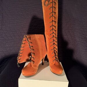 Elegant Lace-Up Heeled Boots in Rich Orange
